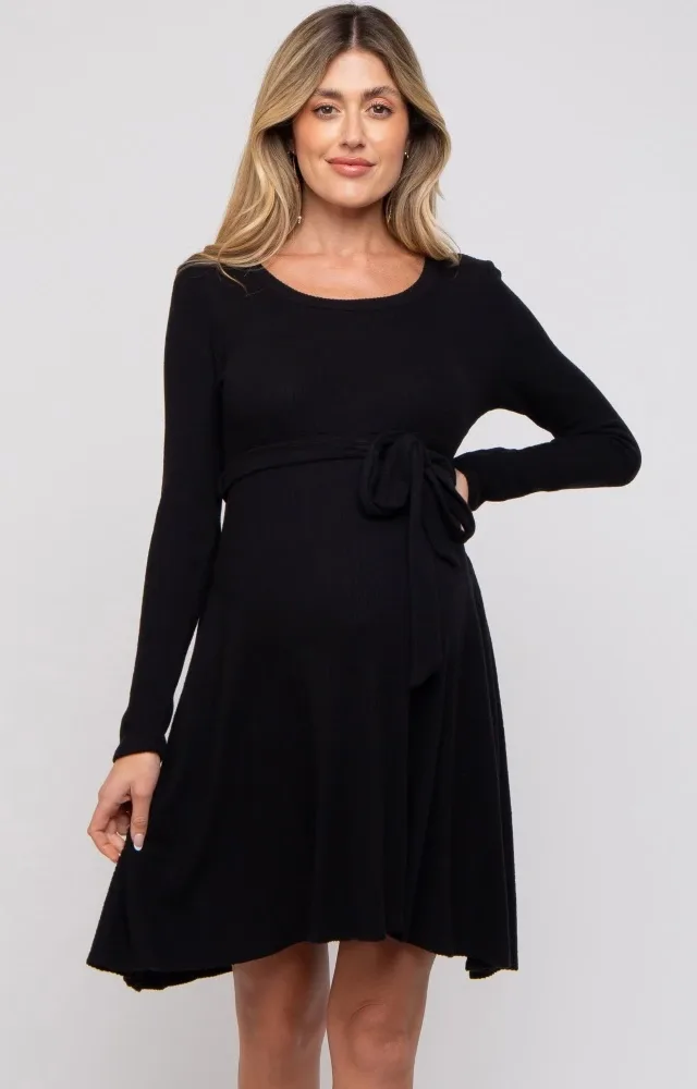 Black Soft Rib Knit Sash Tie Maternity Dress