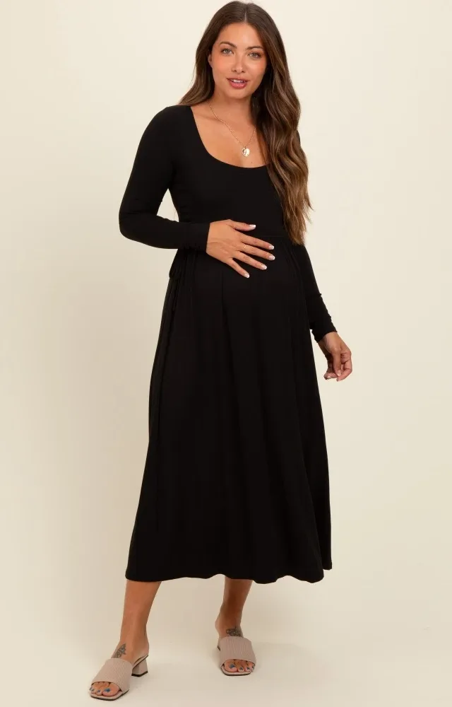 Black Square Neck Long Sleeve Maternity Midi Dress