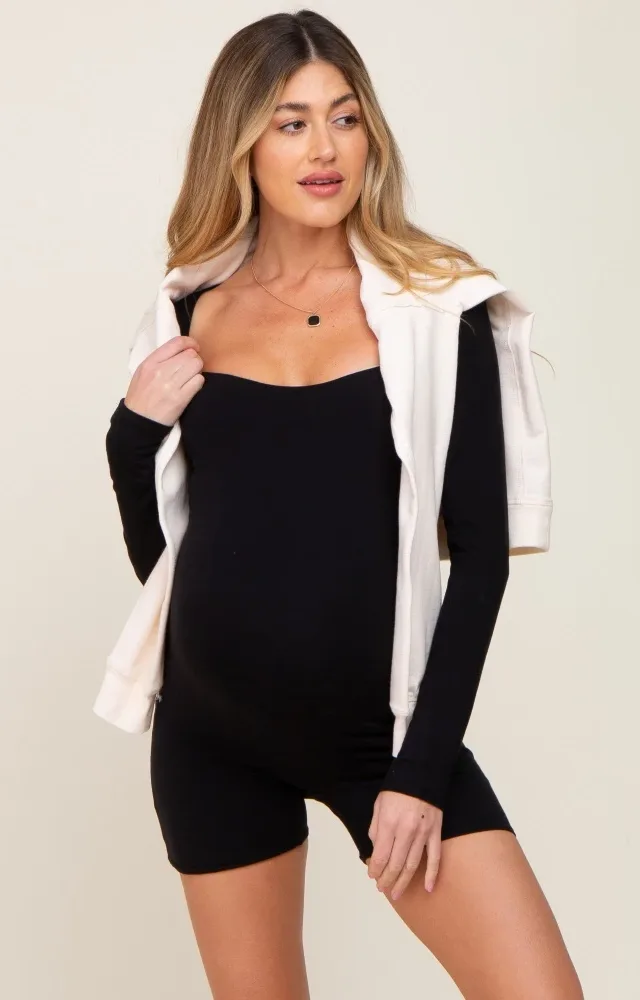 Black Square Neck Long Sleeve Maternity Romper