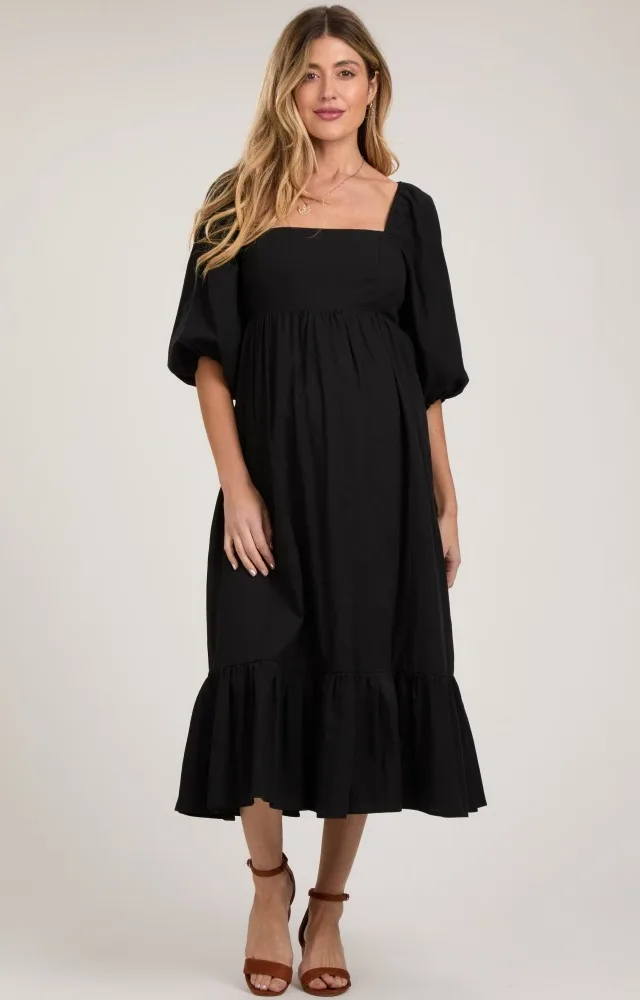 Black Square Neck Puff Sleeve Maternity Midi Dress