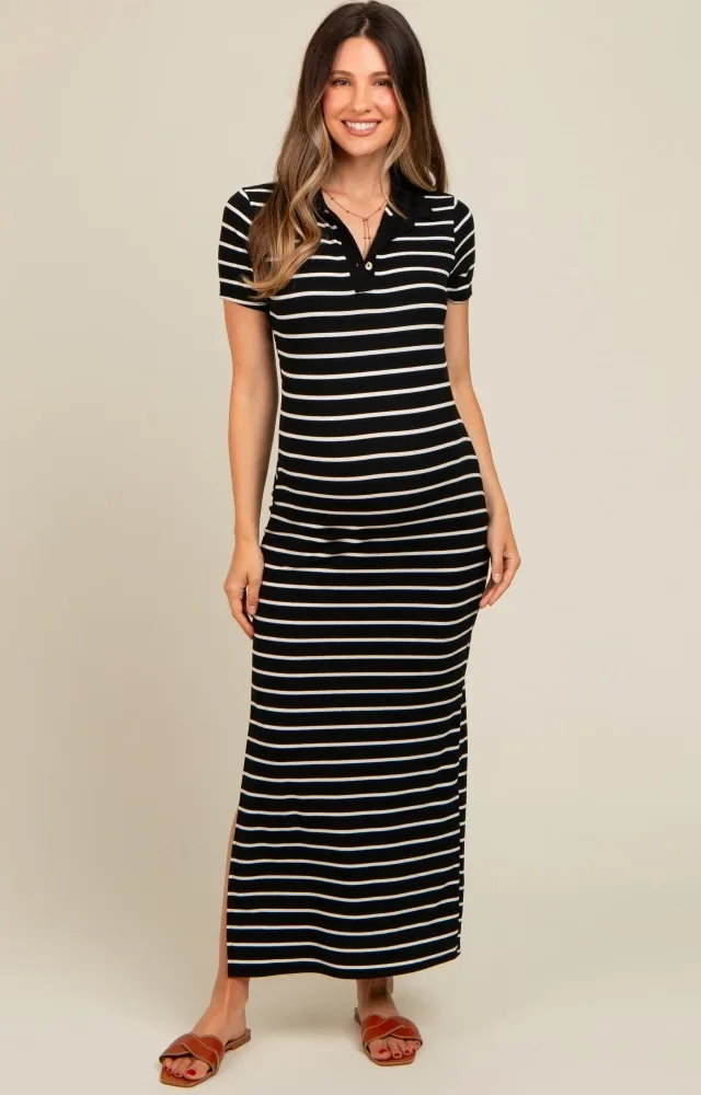 Black Striped Collared Side Slit Maternity Maxi Dress