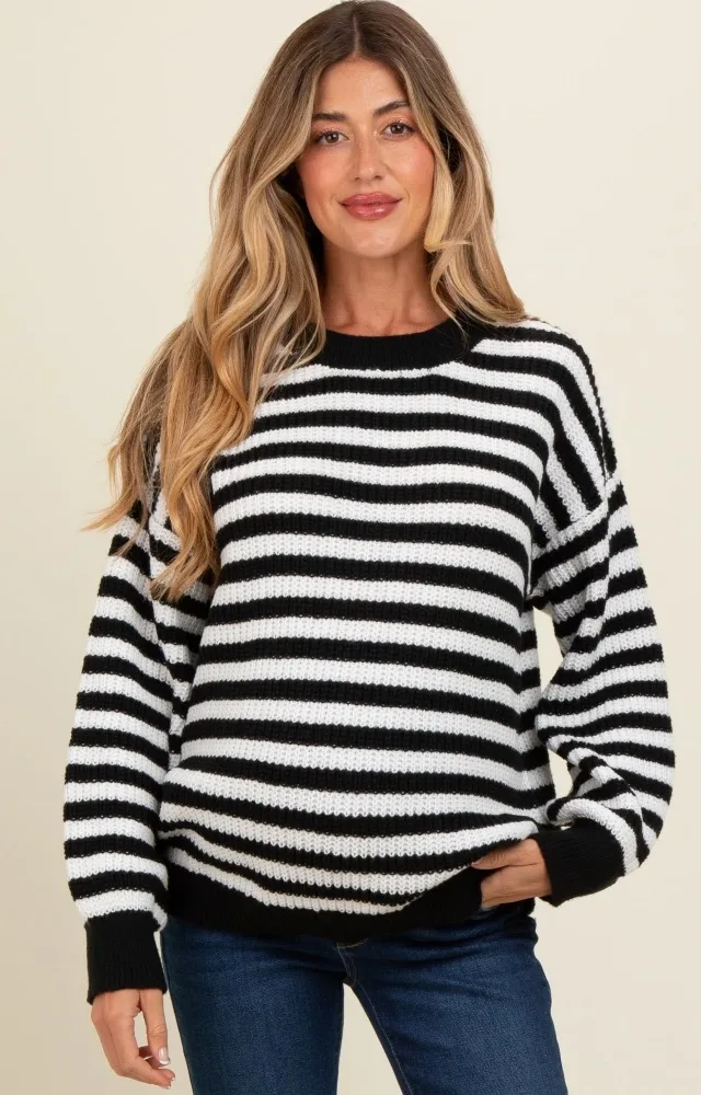 Black Striped Crew Neck Maternity Sweater