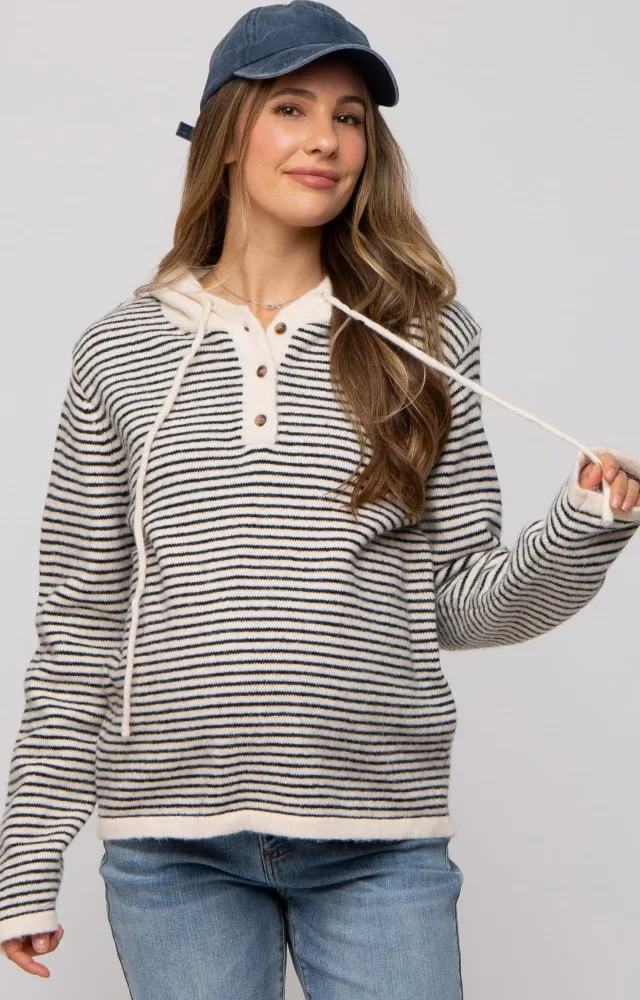 Black Striped Drawstring Hooded Maternity Sweater