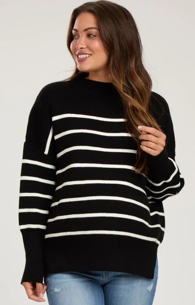 Black Striped Drop Shoulder Maternity Sweater