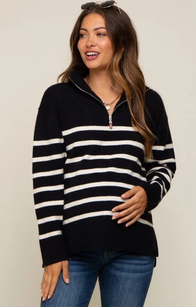 Black Striped Half Zip Maternity Sweater