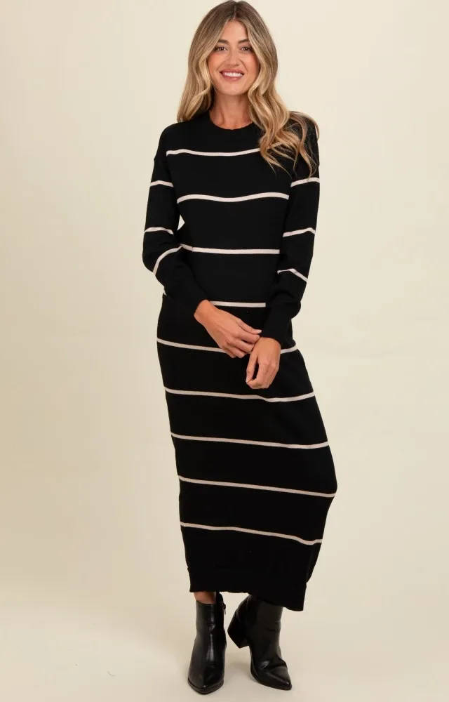 Black Striped Knit Drop Shoulder Maternity Midi Dress