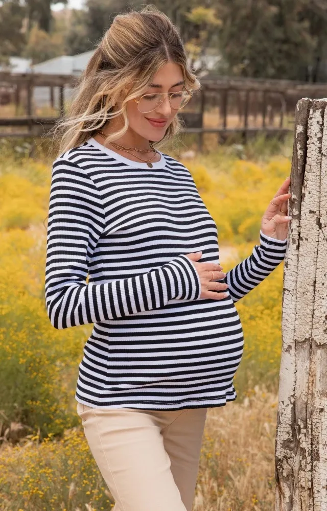 Black Striped Long Sleeve Ribbed Maternity Top