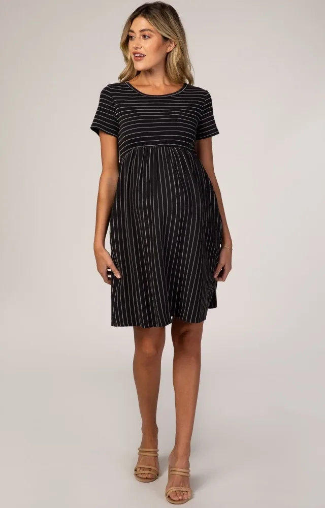 Black Striped Maternity Babydoll Dress