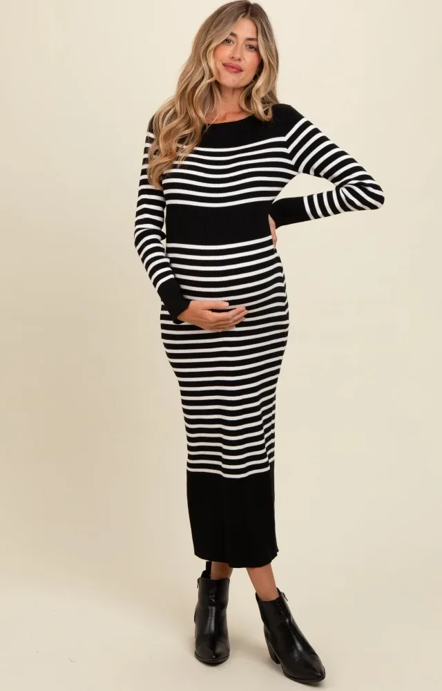 Black Striped Maternity Midi Sweater Dress