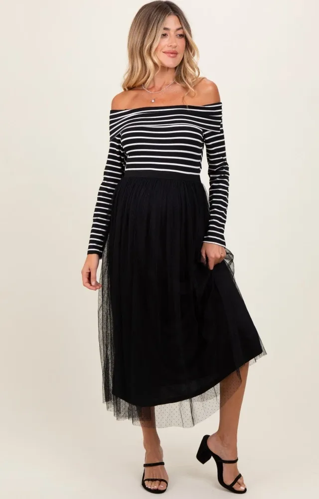 Black Striped Off Shoulder Contrast Knit Mesh Maternity Maxi Dress