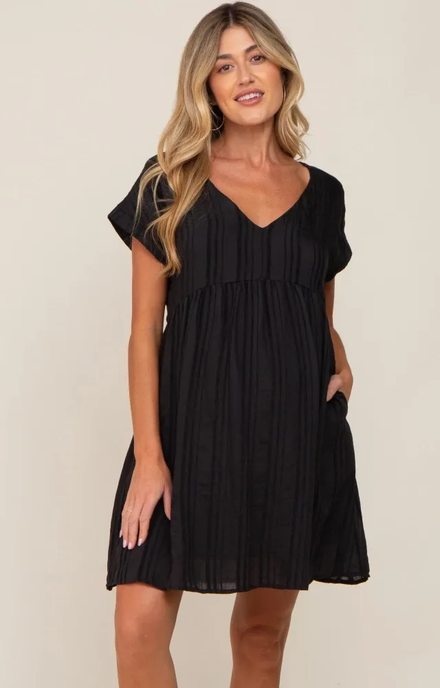 Black Striped Pocketed Maternity Dress