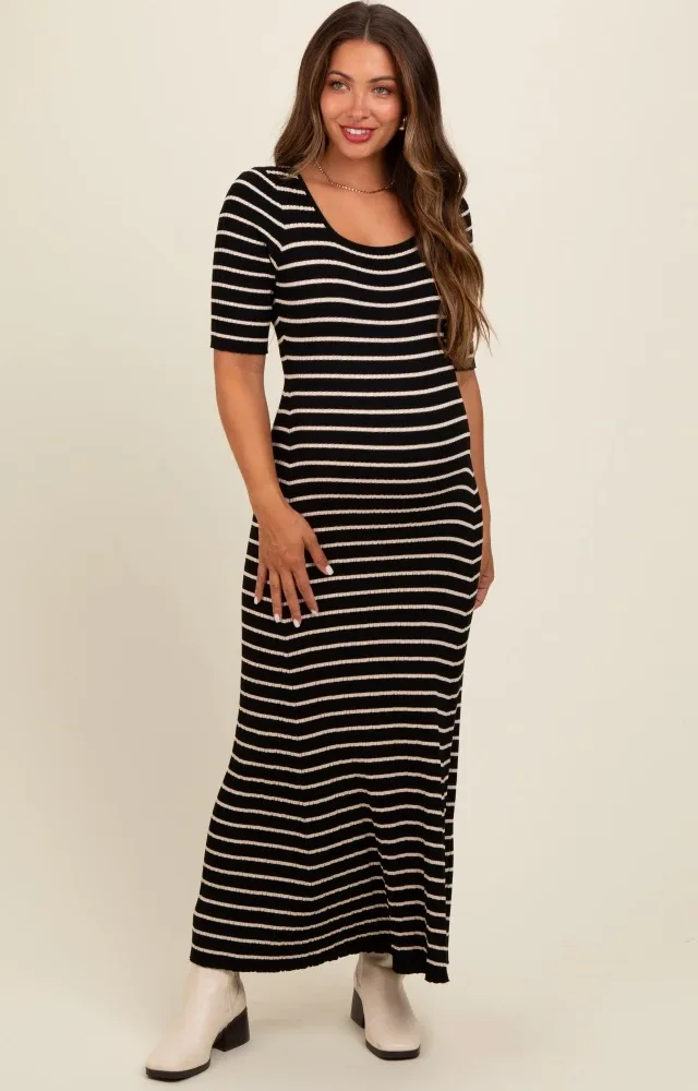 Black Striped Ribbed Short Sleeve Maternity Maxi Dress