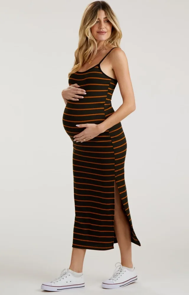 Black Striped Ribbed Side Slit Maternity Midi Dress