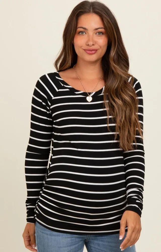 Black Striped Ruched Side Maternity Long Sleeve Top