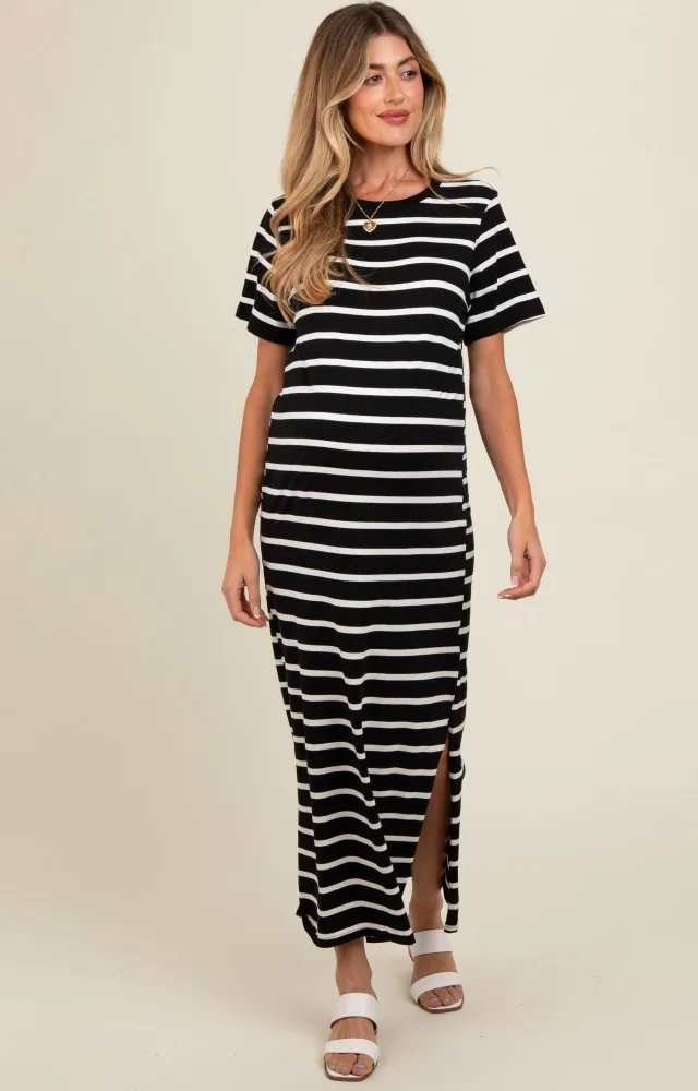 Black Striped Side Slit Maternity Maxi Dress