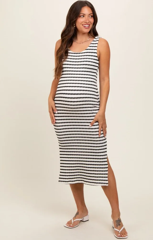 Black Striped Side Slit Maternity Midi Dress