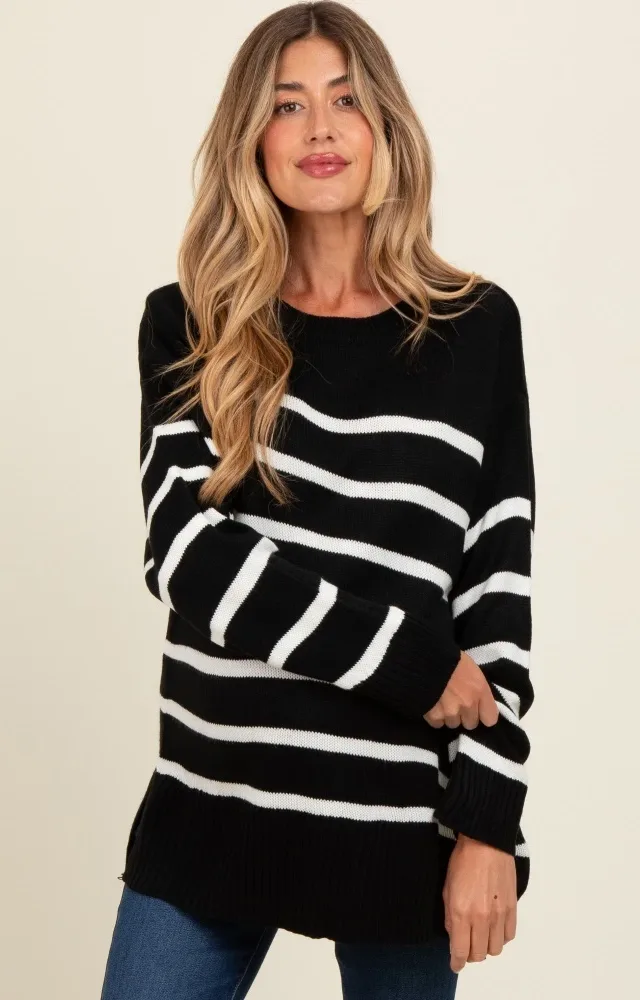 Black Striped Side Slit Maternity Sweater