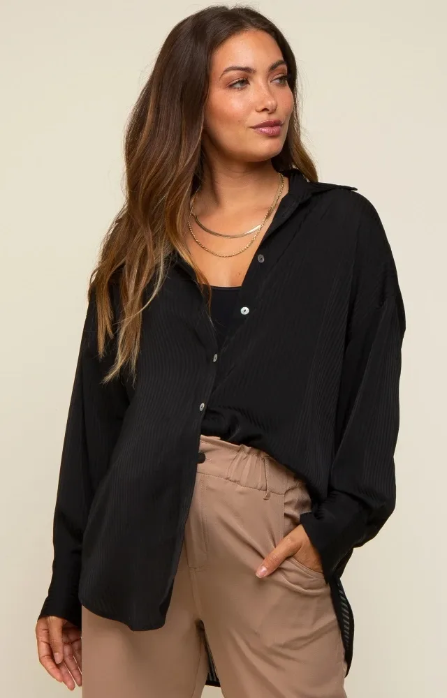 Black Striped Silky Maternity Button Down Blouse