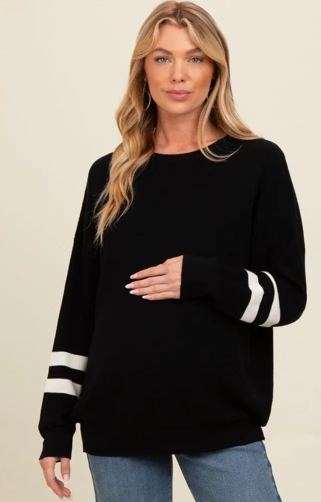 Black Striped Sleeve Relaxed Fit Maternity Sweater