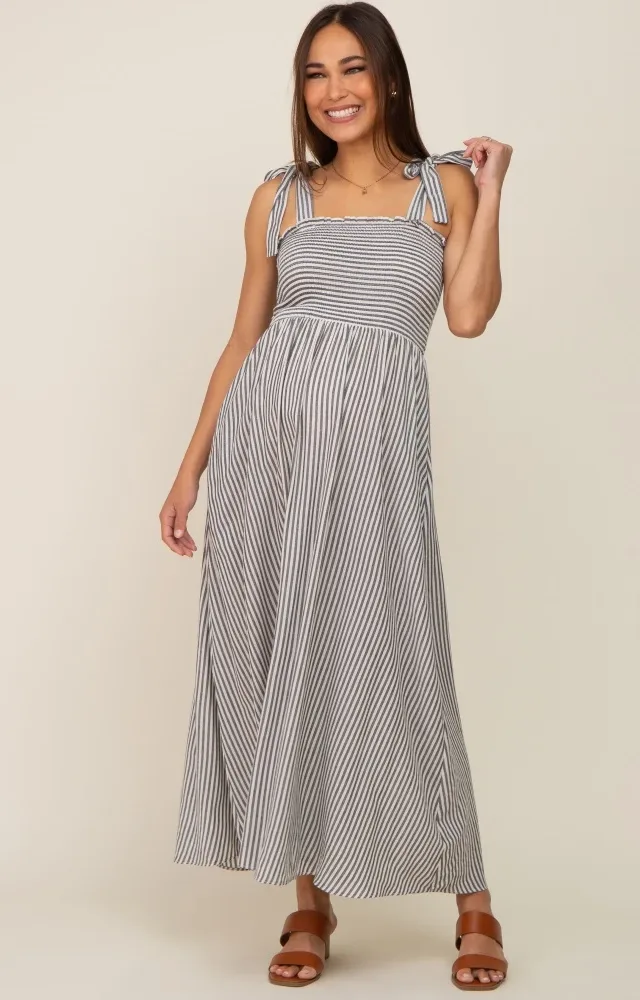 Black Striped Smocked Shoulder Tie Maternity Maxi Dress