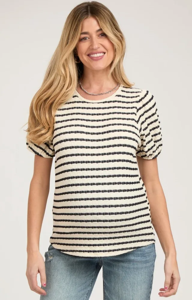 Black Striped Textured Puff Sleeve Maternity Top