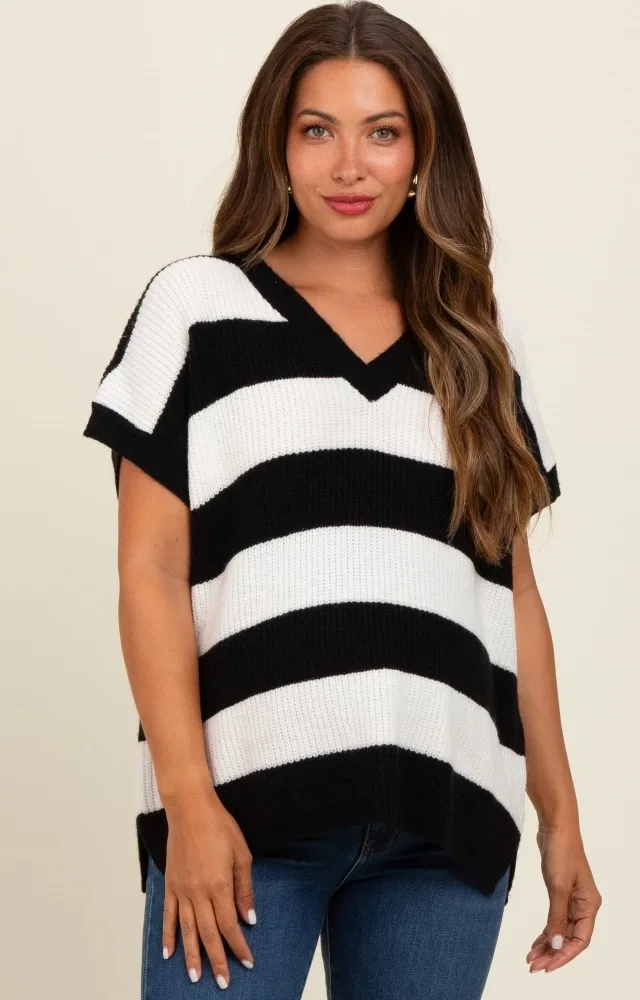 Black Striped V-Neck Maternity Sweater Top