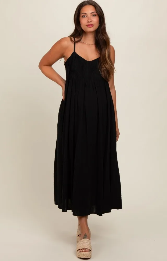 Black Striped V-Neck Sleeveless Side Pocket Maternity Dress