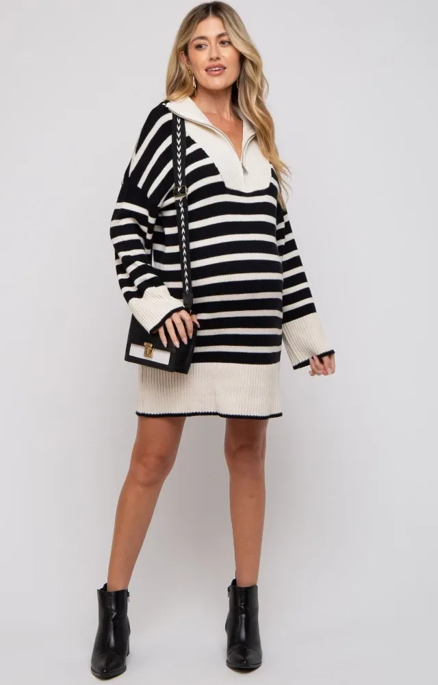 Black Striped Zipper Front Collared Maternity Sweater Dress