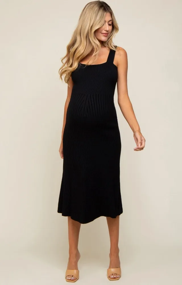 Black Sweater Knit A-Line Maternity Midi Dress