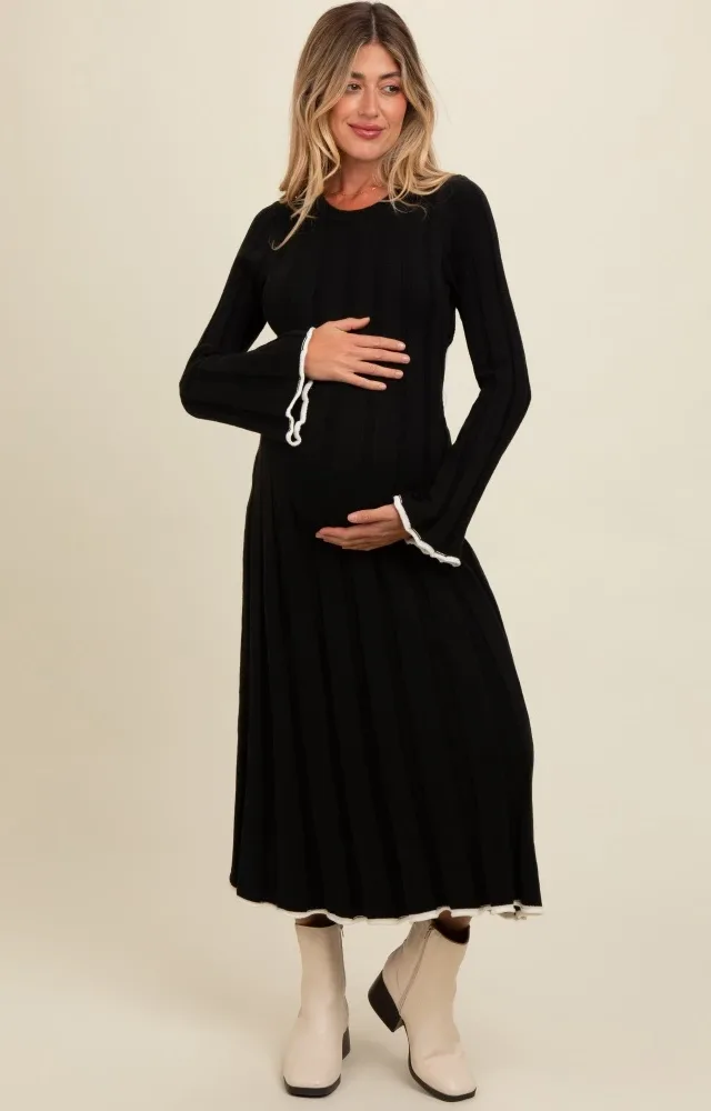 Black Sweater Knit Bell Sleeve Back Cutout Maternity Maxi Dress