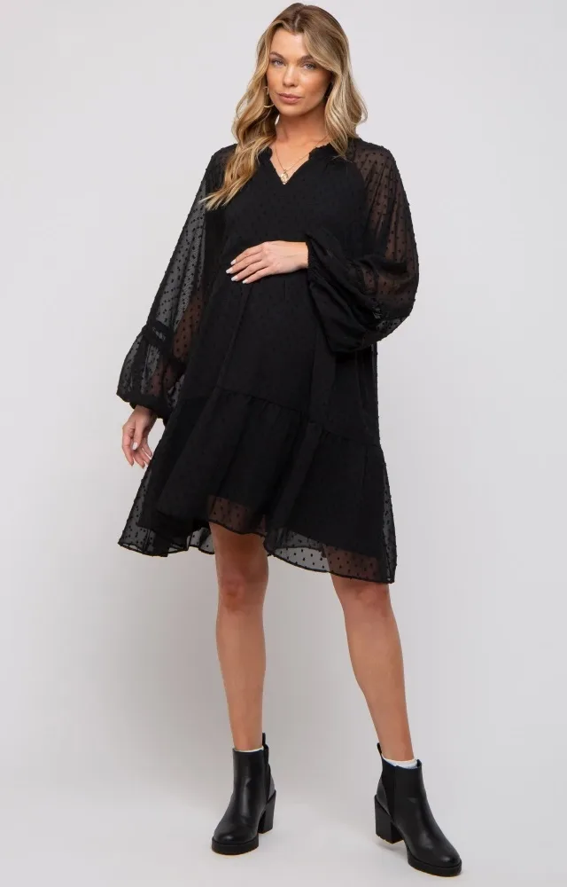 Black Swiss Dot Chiffon Tiered Maternity Dress