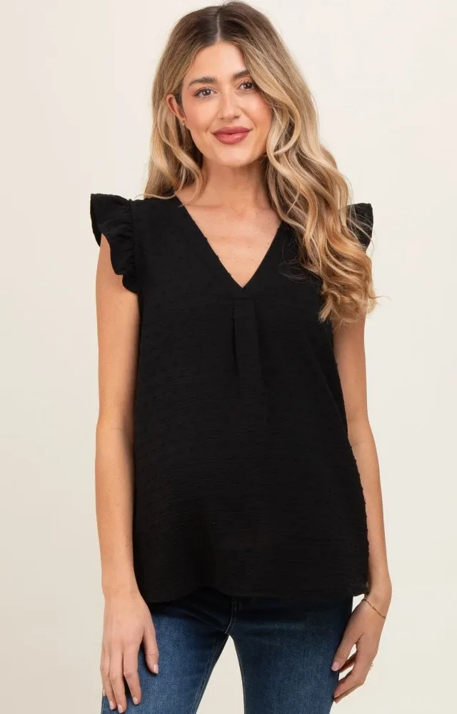 Black Swiss Dot Flutter Sleeve V-Neck Maternity Top