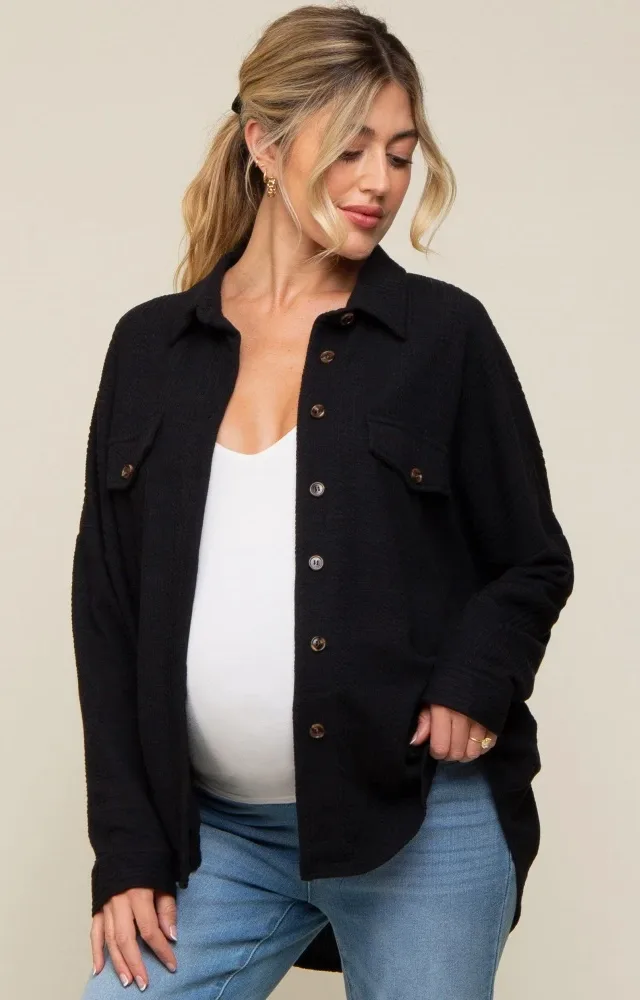 Black Textured Button Front Collared Maternity Top