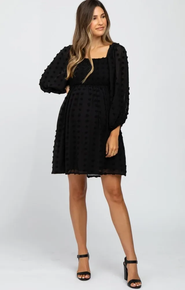 Black Textured Dot Smocked Chiffon Maternity Dress