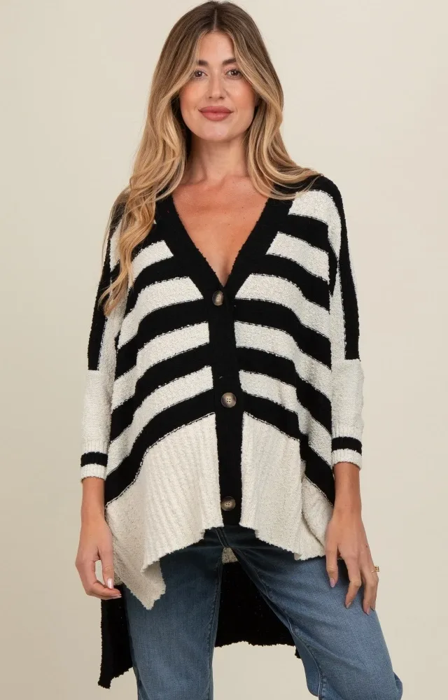 Black Textured Knit Striped Oversized Maternity Cardigan