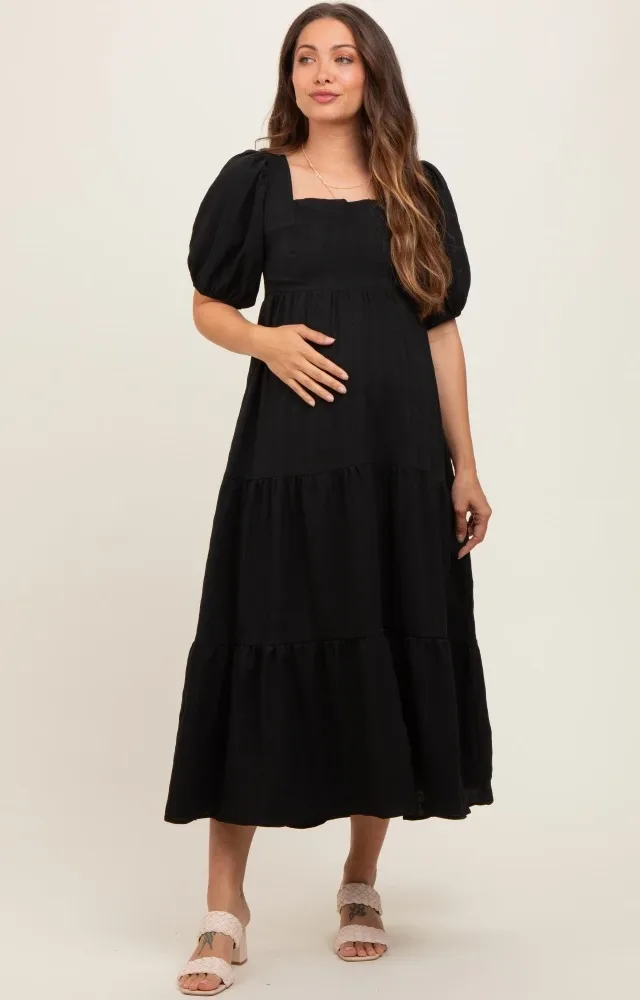 Black Textured Maternity Tiered Midi Dress