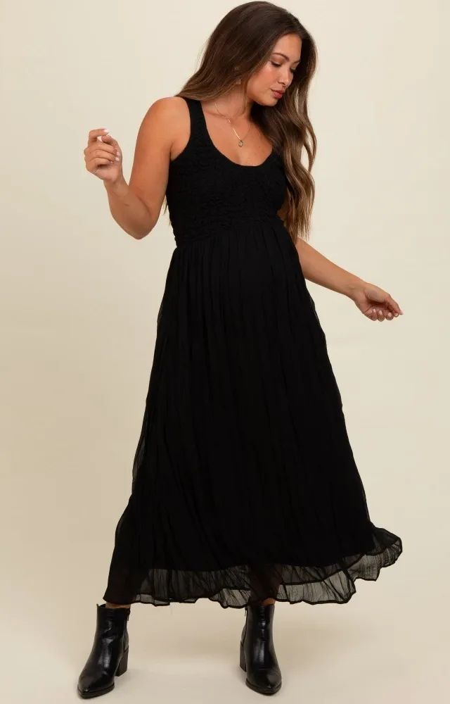 Black Textured Smocked Bodice Sleeveless Maternity Maxi Dress