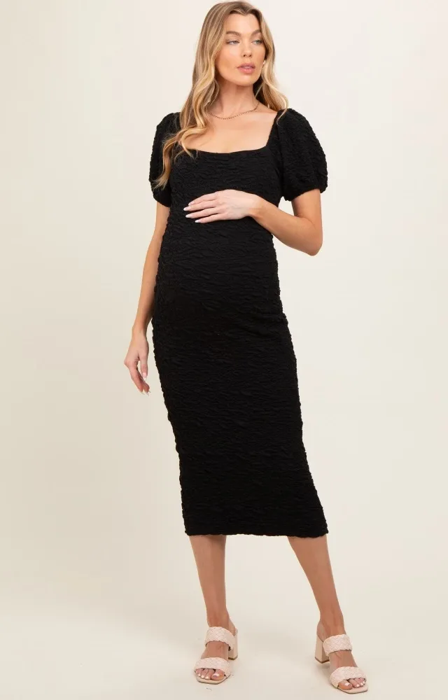 Black Textured Square Neck Puff Sleeve Maternity Midi Dress