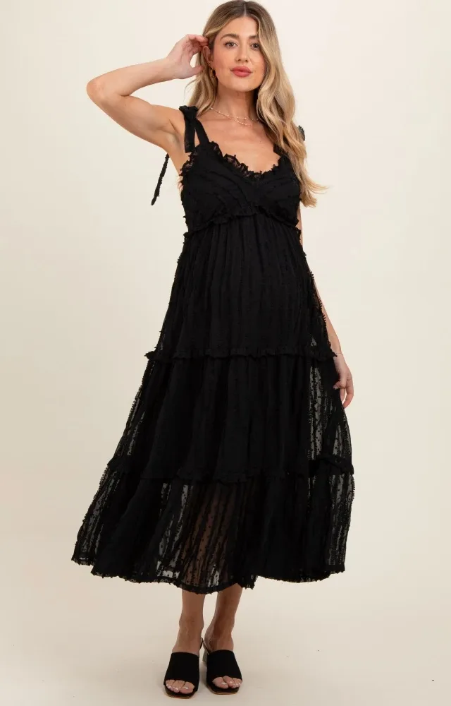 Black Textured Tie Strap Tiered Maternity Midi Dress