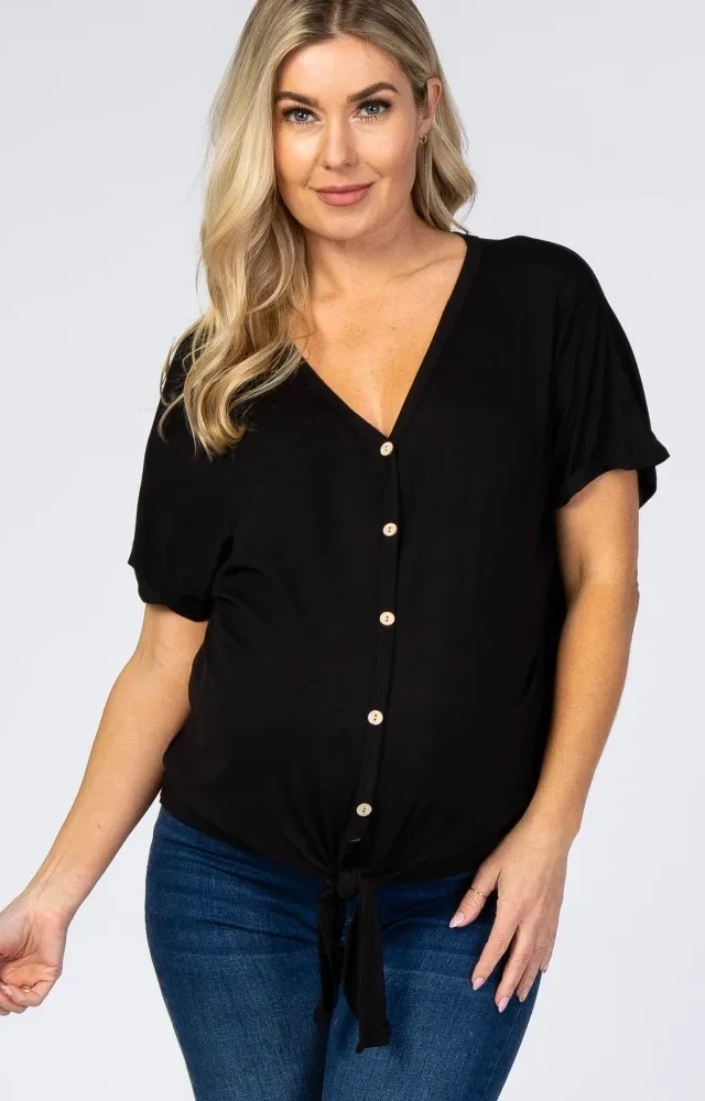 Black Tie Front Short Sleeve Maternity Top