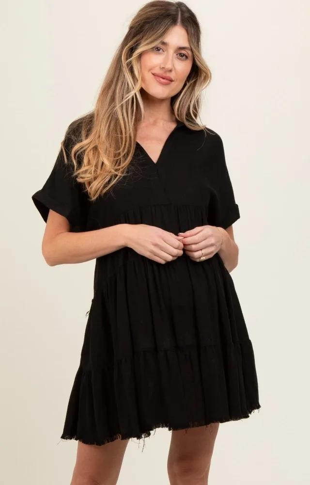 Black Tiered Linen Maternity Dress