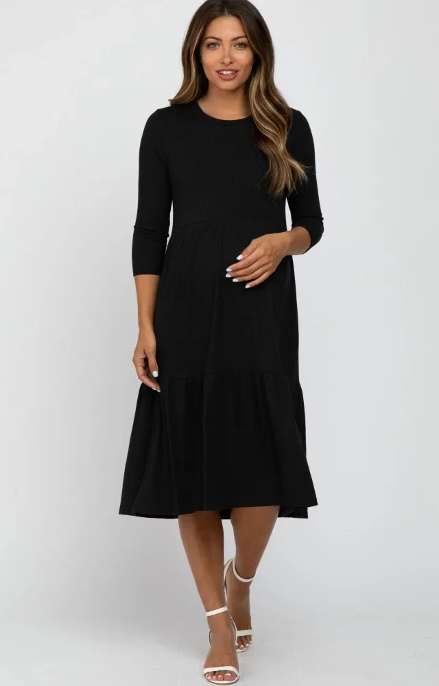 Black Tiered Ribbed 3/4 Sleeve Maternity Midi Dress