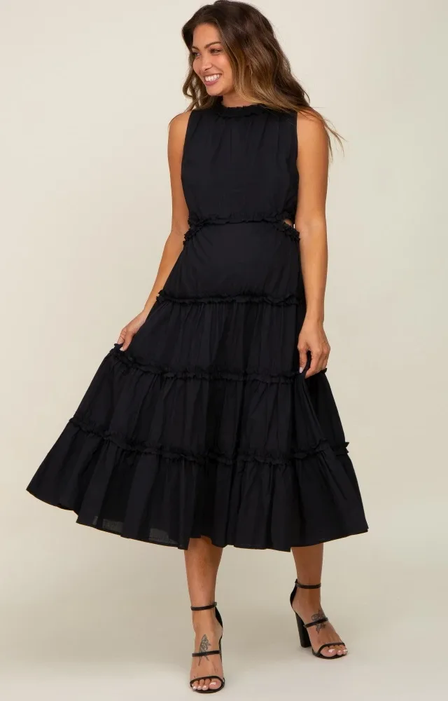 Black Tiered Ruffle Cutout Maternity Midi Dress