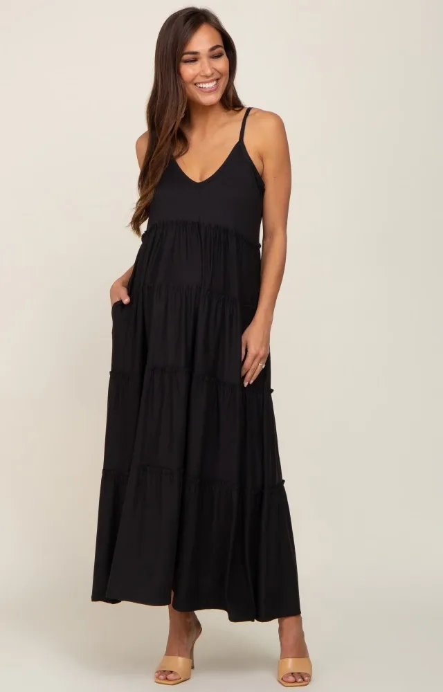 Black Tiered Sleeveless Maternity Maxi Dress