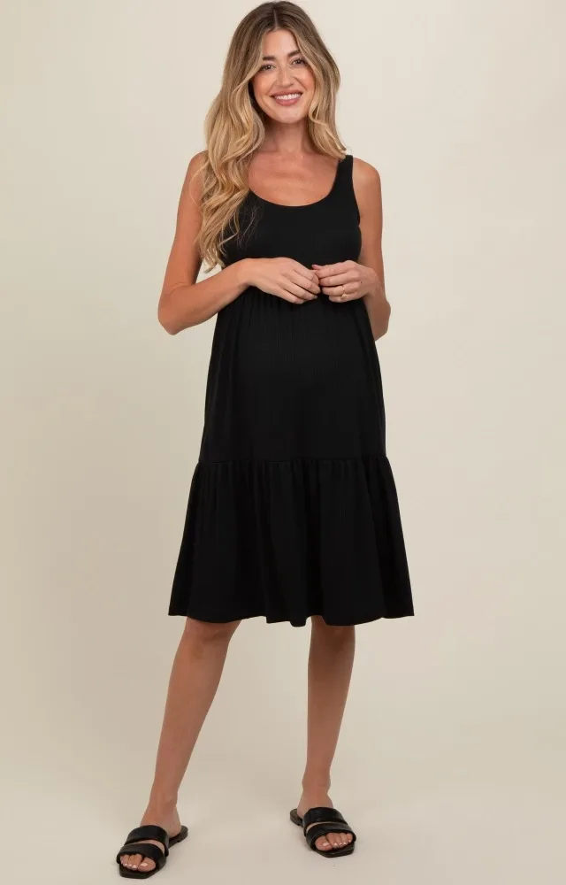 Black Tiered Sleeveless Maternity Midi Dress