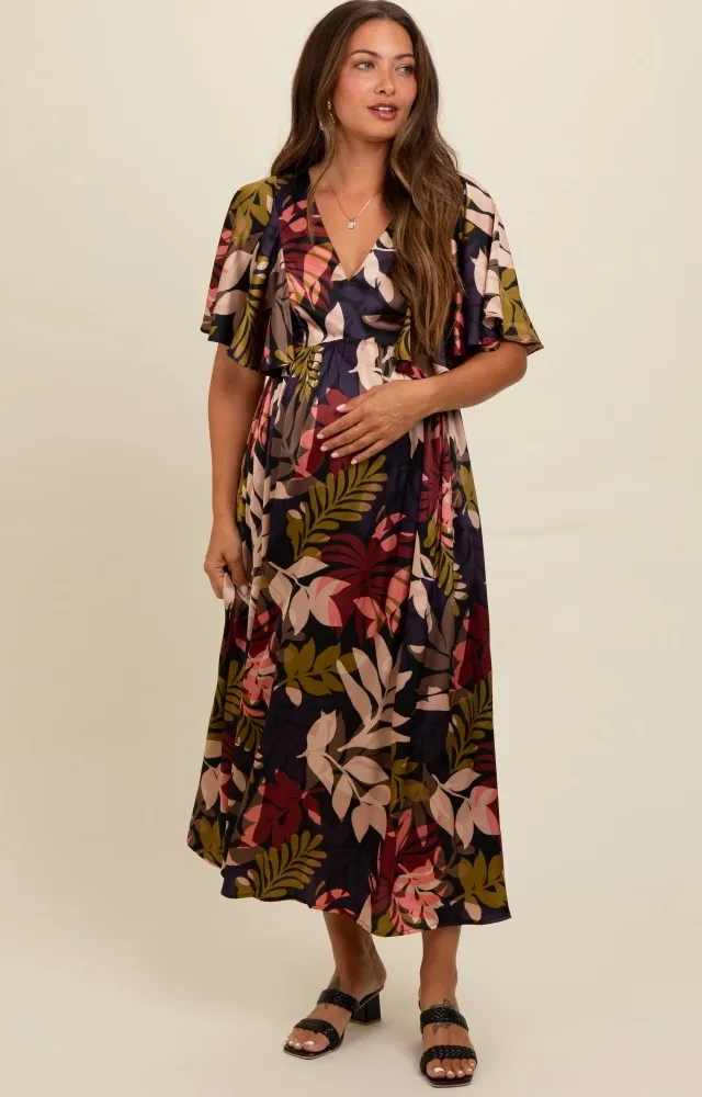 Black Tropical Print Flutter Sleeve Satin Maternity Midi Dress