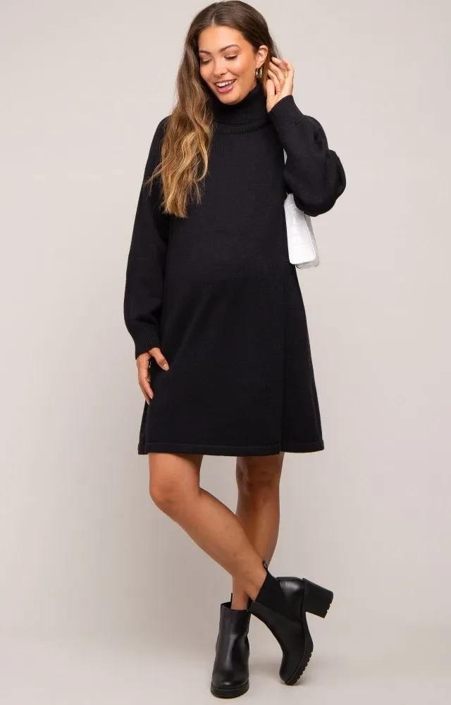 Black Turtleneck Long Sleeve Maternity Sweater Dress