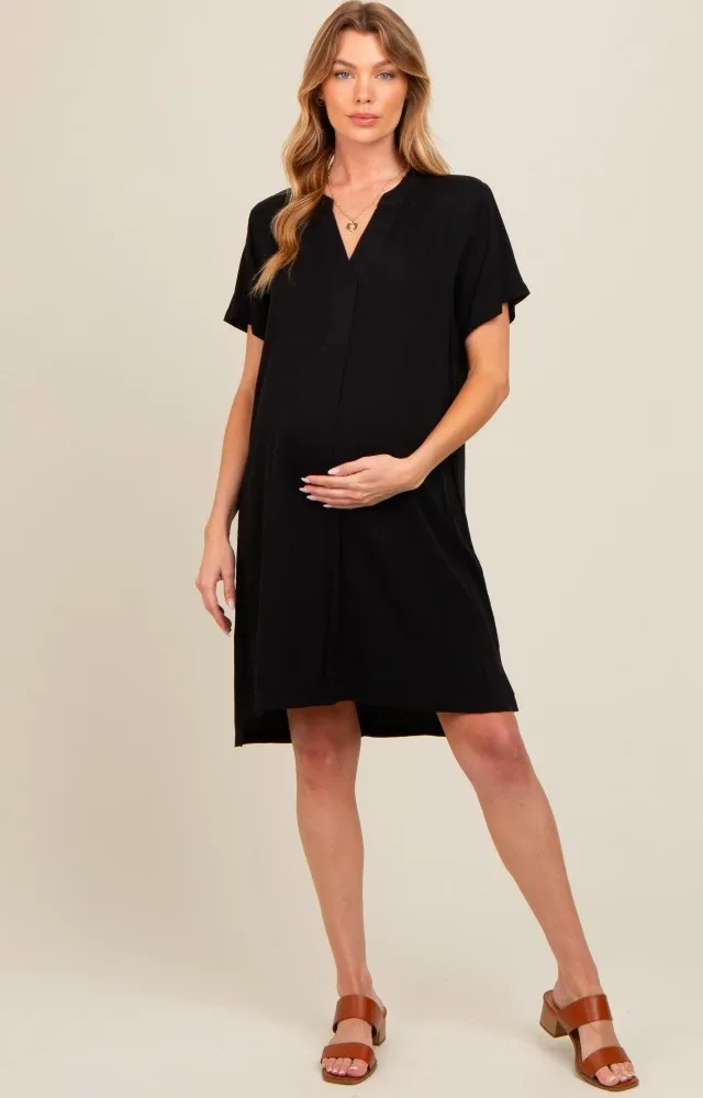 Black V-Neck Basic Maternity Shirt Dress