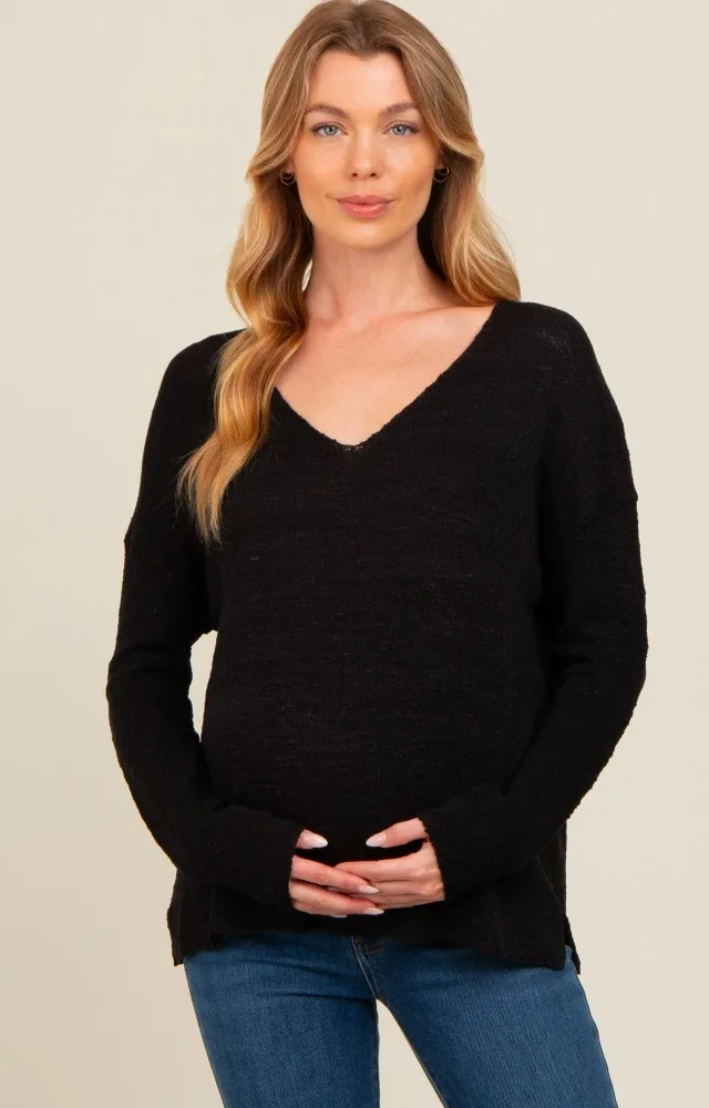 Black V-Neck Basic Maternity Sweater