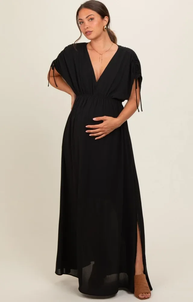 Black V-Neck Drawstring Short Sleeve Side Slit Maternity Maxi Dress